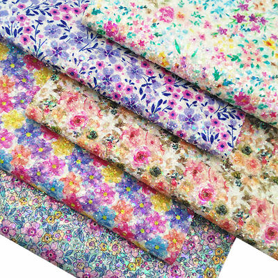 Flores de primavera brillantes Imprimido Glitter de algodón de fondo de terciopelo tela de cuero PU