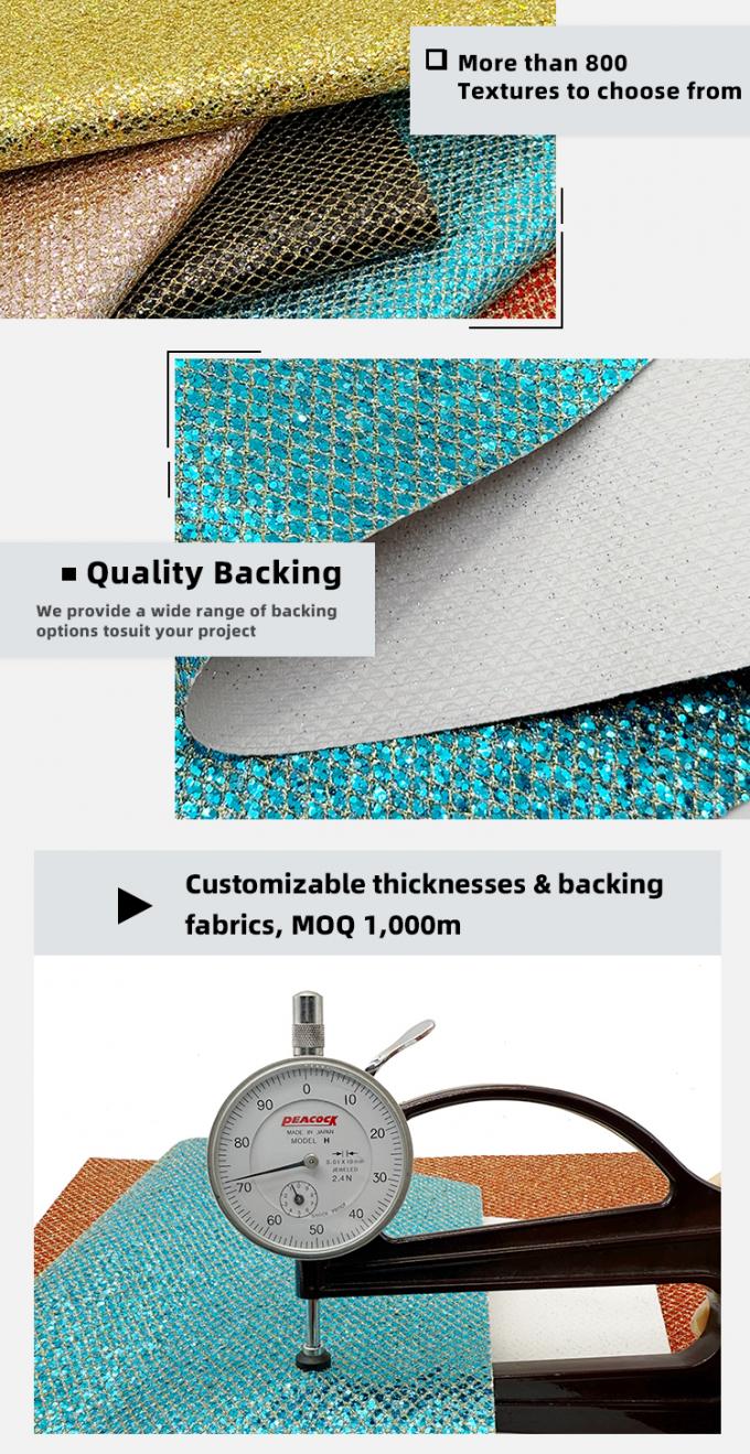 Material de cuero sintético de PVC con purpurina gruesa tipo malla, cuero sintético elástico para zapatos, equipaje, bolso, embalaje, sofá, forro exterior 5