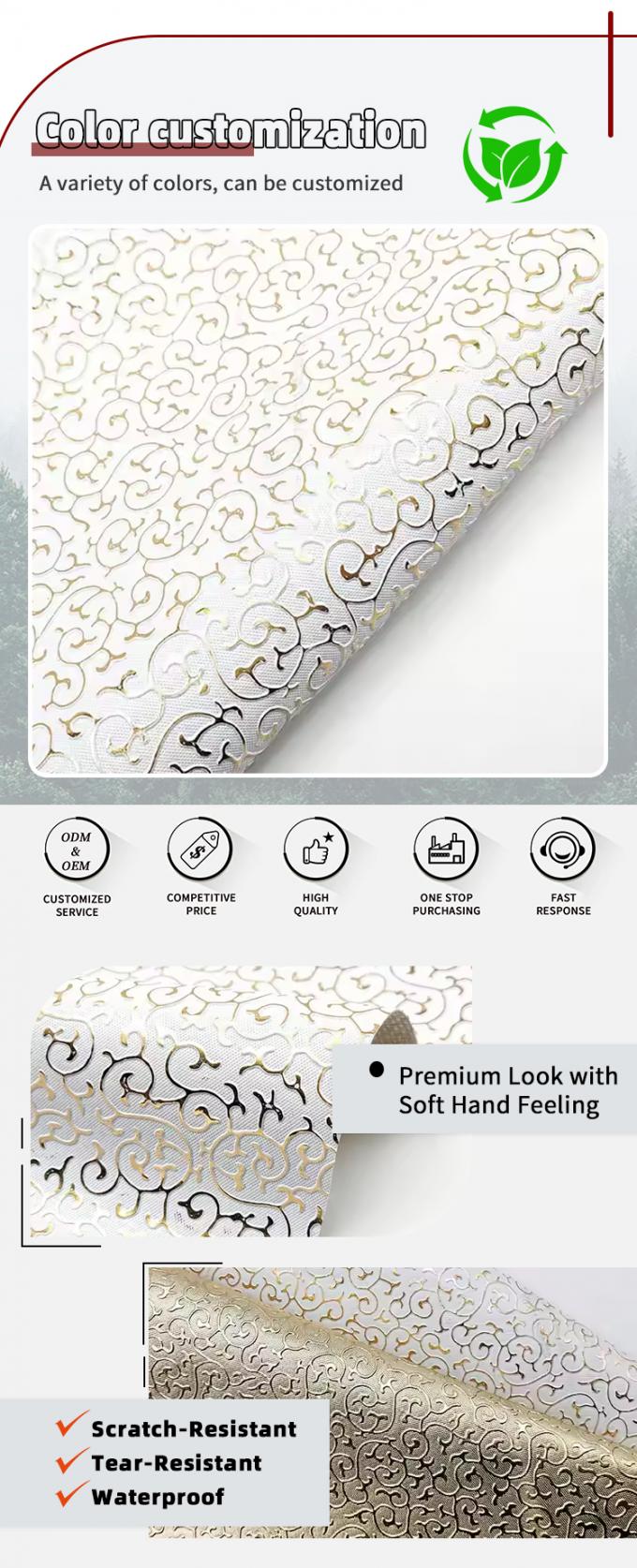 Cuero sint&eacute;tico artificial estilo relieve dorado de PVC al por mayor para tela de bolso, embalaje, caja, zapatos, cuaderno 4