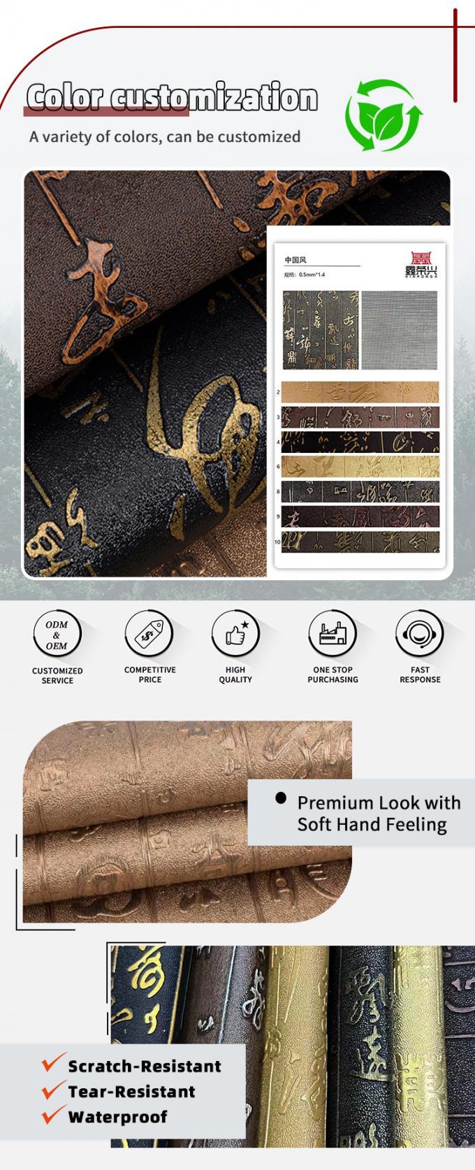 Venta al por mayor de PVC de cuero sint&eacute;tico chinoiserie caligraf&iacute;a patr&oacute;n de grano para cartera cajas zapatos sof&aacute;s bolsos tejidos 4